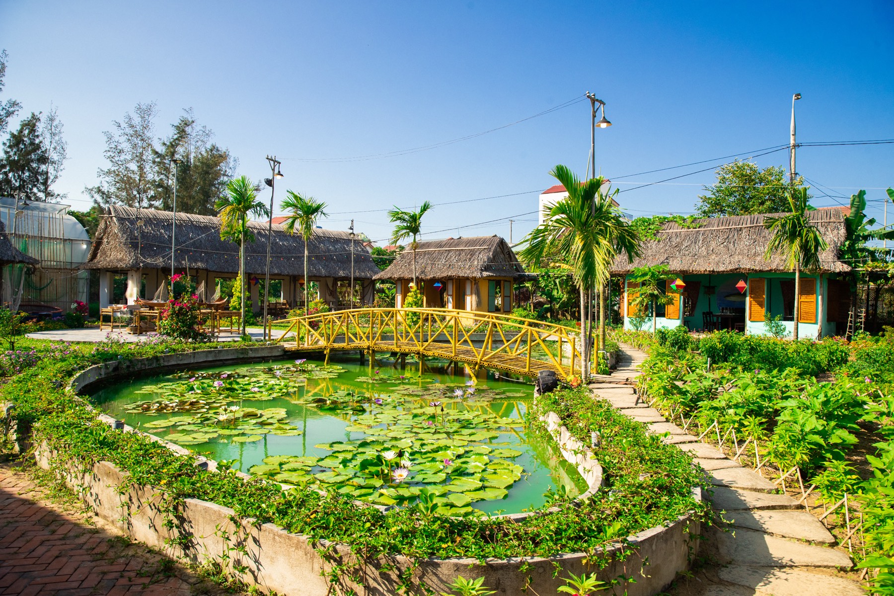 Cầu gỗ bên hồ nước vườn Caman